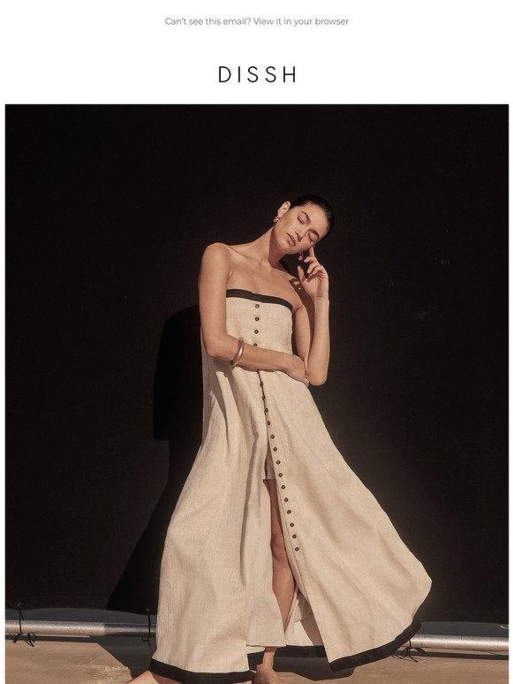 DISSH Beige Strapless Button-Front Maxi Dress with Black Trim